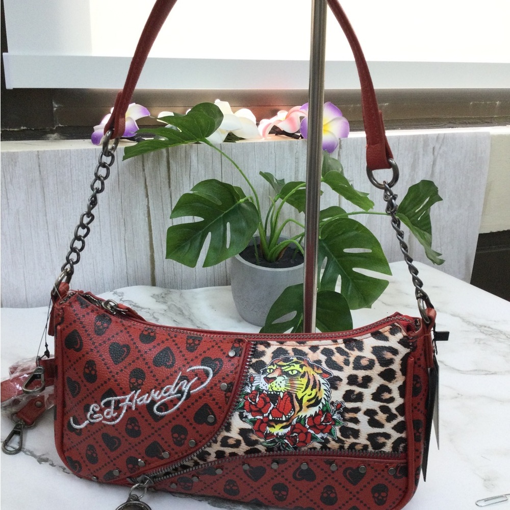 NWT Ed Hardy Red Leopard-Print Shoulder Bag with Tiger Motif